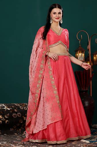 Ethnovog Ready To Wear Pink Chanderi Lehenga With Embroidered Dupatta