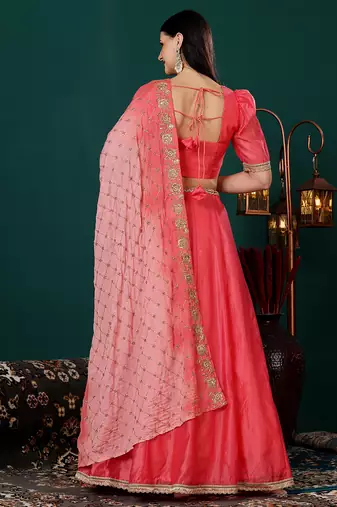Ethnovog Ready To Wear Pink Chanderi Lehenga With Embroidered Dupatta