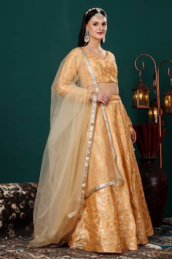 Ethnovog Ready To Wear Peach Brocade Lehenga Set