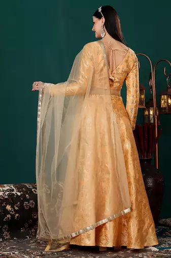 Ethnovog Ready To Wear Peach Brocade Lehenga Set