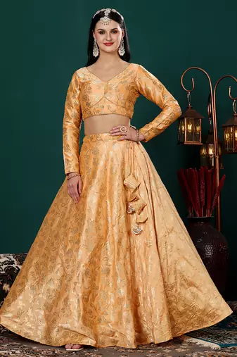 Ethnovog Ready To Wear Peach Brocade Lehenga Set