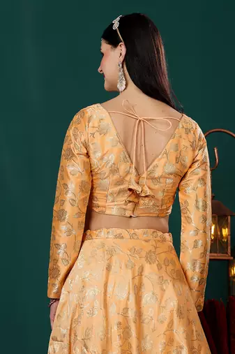Ethnovog Ready To Wear Peach Brocade Lehenga Set