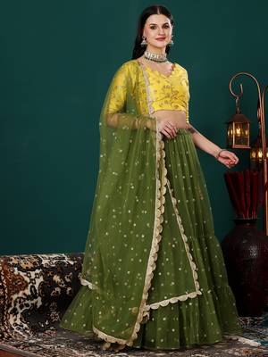 Ethnovog Ready To Wear Yellow Jacquard N Green Embroidered Lehenga Set 1