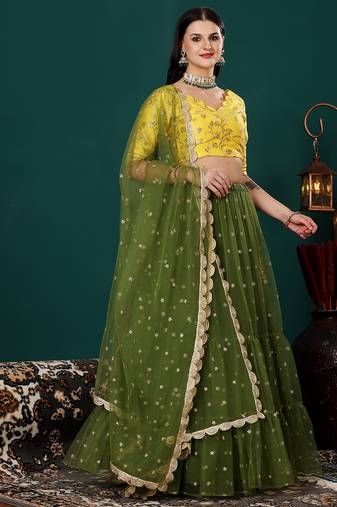 Ethnovog Ready To Wear Yellow Jacquard N Green Embroidered Lehenga Set