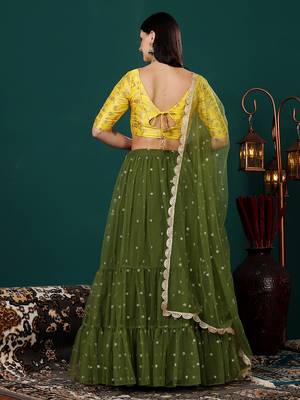 Ethnovog Ready To Wear Yellow Jacquard N Green Embroidered Lehenga Set 2