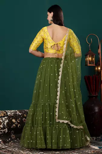 Ethnovog Ready To Wear Yellow Jacquard N Green Embroidered Lehenga Set