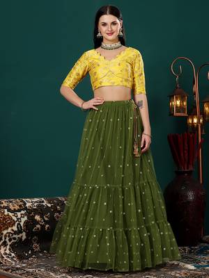 Ethnovog Ready To Wear Yellow Jacquard N Green Embroidered Lehenga Set 3