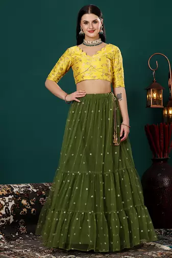 Ethnovog Ready To Wear Yellow Jacquard N Green Embroidered Lehenga Set