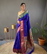 Designer Blue Paithani Saree, South India Wedding Saree 