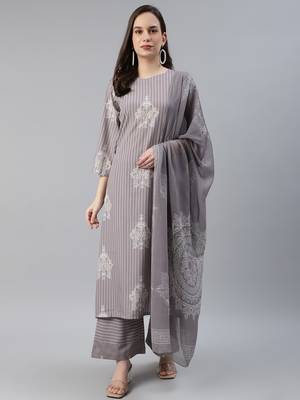 grey color printed poly silk styles kurta palazzo with dupatta 1