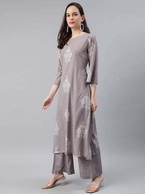 grey color printed poly silk styles kurta palazzo with dupatta 3