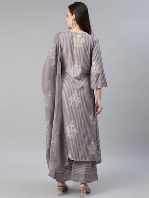 grey color printed poly silk styles kurta palazzo with dupatta 4