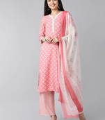 pink color printed polyester styles kurta palazzo with dupatta