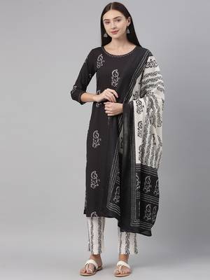 black color printed poly crepe styles kurta trouser with dupatta 1