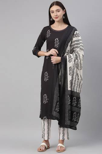 black color printed poly crepe styles kurta trouser with dupatta