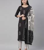 black color printed poly crepe styles kurta trouser with dupatta