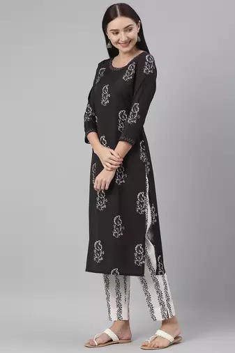 black color printed poly crepe styles kurta trouser with dupatta