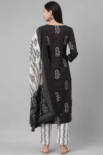 black color printed poly crepe styles kurta trouser with dupatta