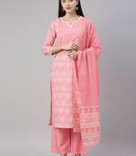 pink color printed polyester styles kurta palazzo with dupatta