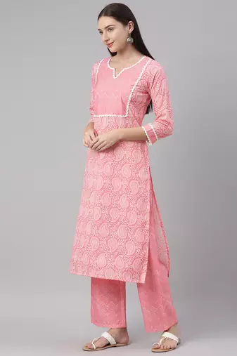 pink color printed polyester styles kurta palazzo with dupatta