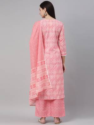 pink color printed polyester styles kurta palazzo with dupatta 4