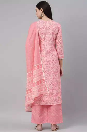 pink color printed polyester styles kurta palazzo with dupatta