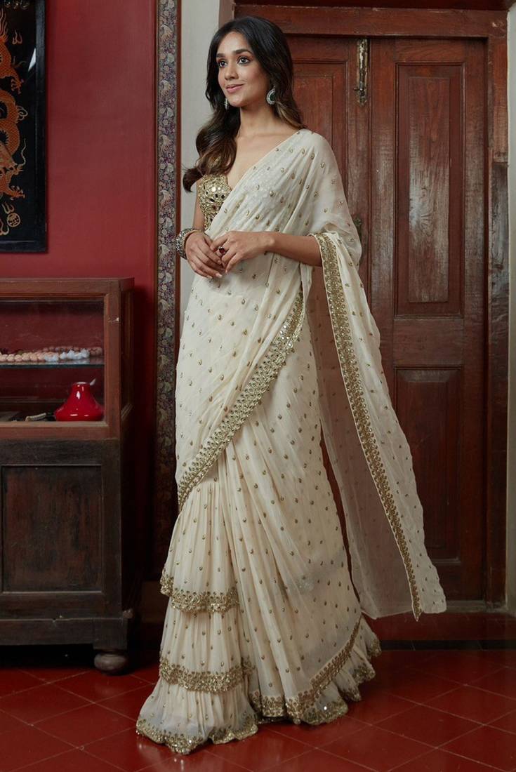 Trendmalls  Heavy Georgette Sequence 3Layer Saree With Real Mirror Work Blouse