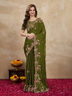 Trendmalls Green Embroided Work Saree 1