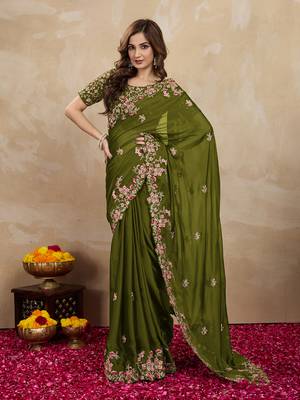Trendmalls Green Embroided Work Saree 2