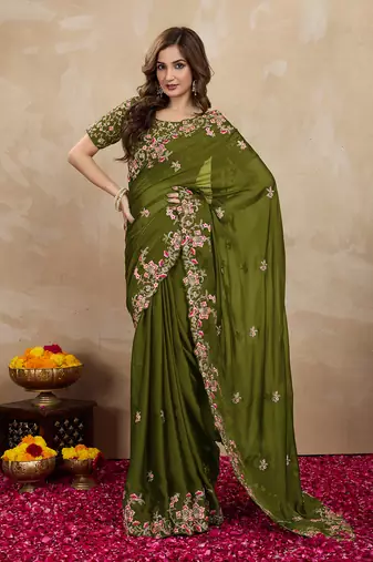 Trendmalls Green Embroided Work Saree