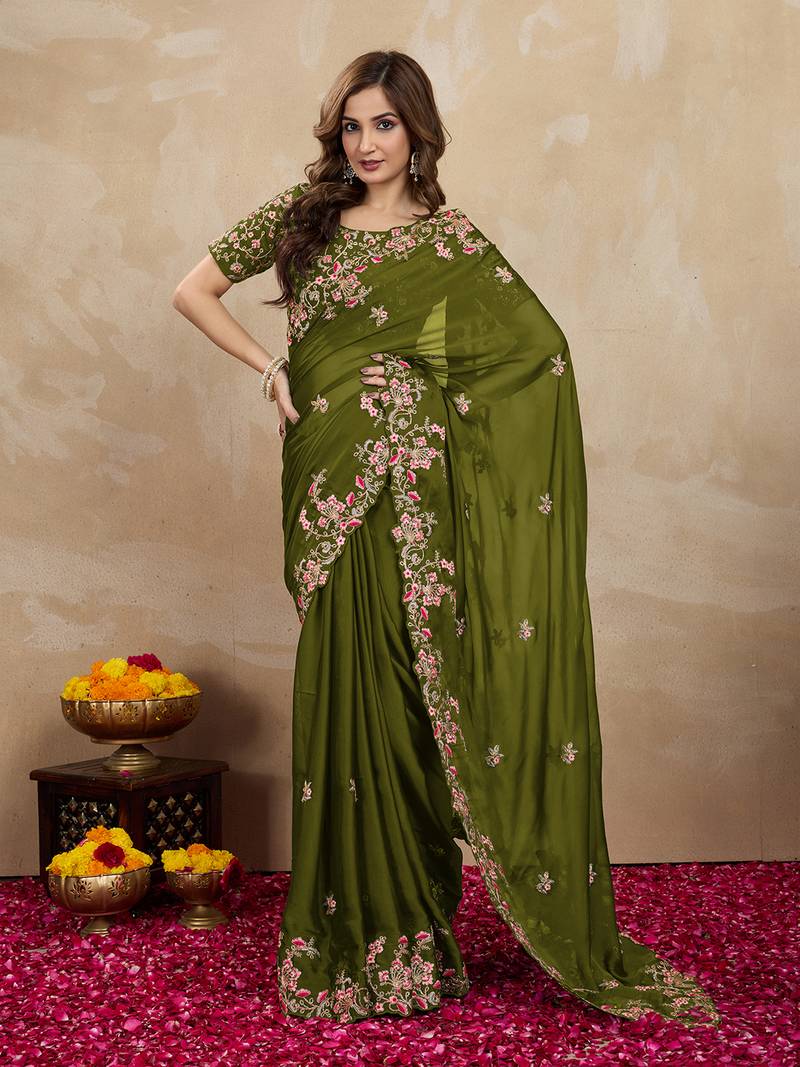 Green Embroided Work Saree