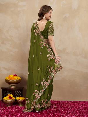 Trendmalls Green Embroided Work Saree 3