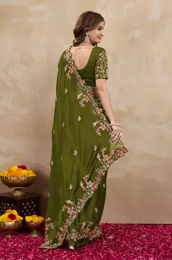 Trendmalls Green Embroided Work Saree