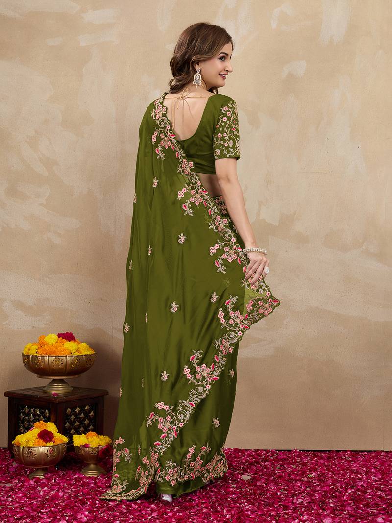 Green Embroided Work Saree