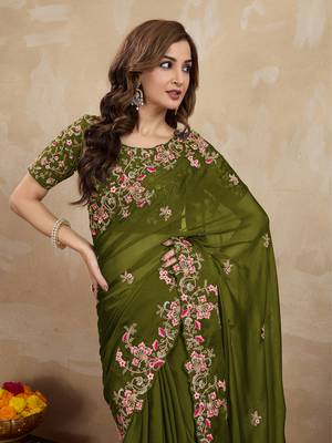 Trendmalls Green Embroided Work Saree 4