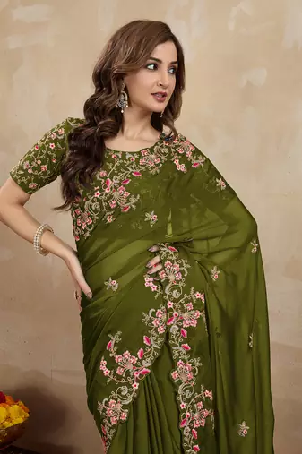 Trendmalls Green Embroided Work Saree