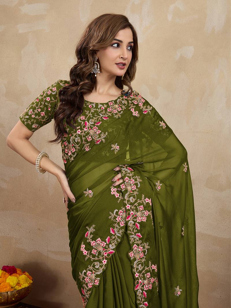 Green Embroided Work Saree