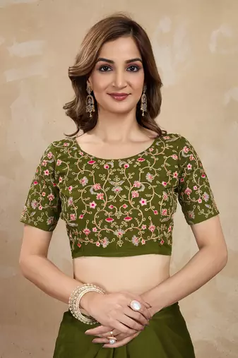 Trendmalls Green Embroided Work Saree