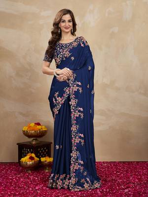 Trendmalls Navy Blue Rangoli Art Silk Heavy Embroidred Saree 1