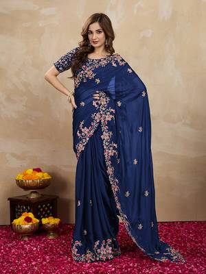 Trendmalls Navy Blue Rangoli Art Silk Heavy Embroidred Saree 2