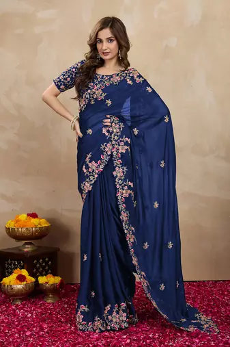 Trendmalls Navy Blue Rangoli Art Silk Heavy Embroidred Saree