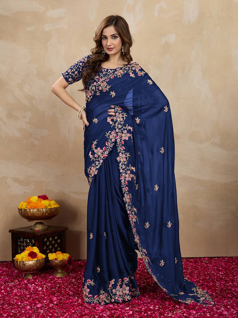 Navy Blue Rangoli Art Silk Heavy Embroidred Saree