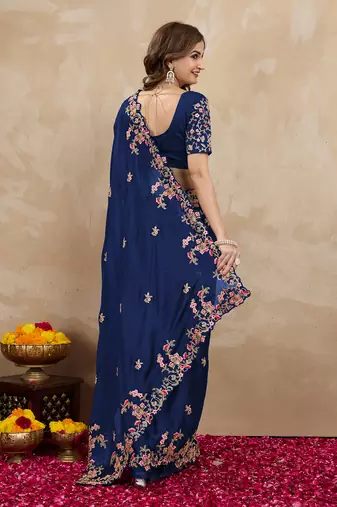 Trendmalls Navy Blue Rangoli Art Silk Heavy Embroidred Saree