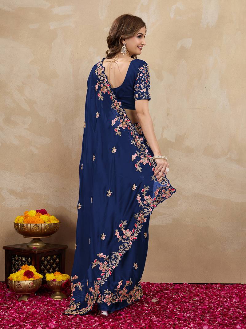 Navy Blue Rangoli Art Silk Heavy Embroidred Saree
