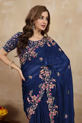 Trendmalls Navy Blue Rangoli Art Silk Heavy Embroidred Saree