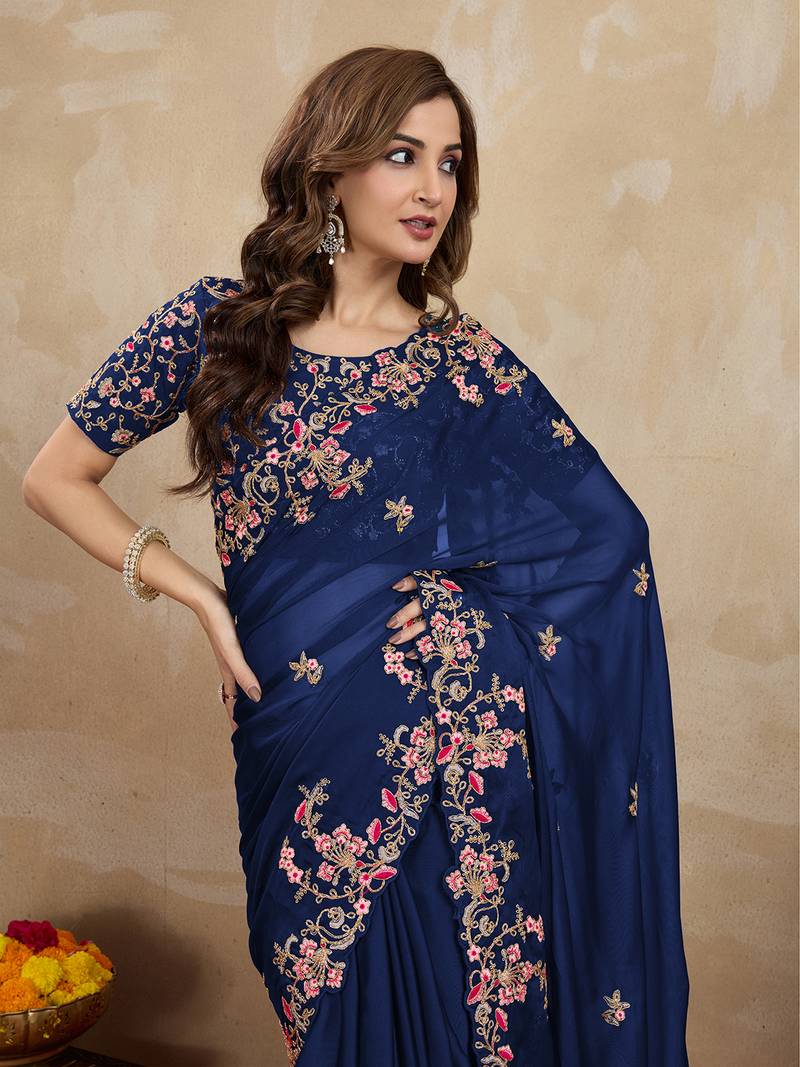 Navy Blue Rangoli Art Silk Heavy Embroidred Saree