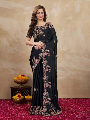 Trendmalls Black Art Silk Heavy Embroidred Saree 1