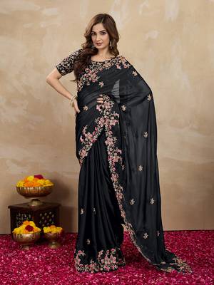 Trendmalls Black Art Silk Heavy Embroidred Saree 2
