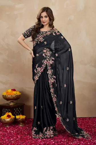 Trendmalls Black Art Silk Heavy Embroidred Saree