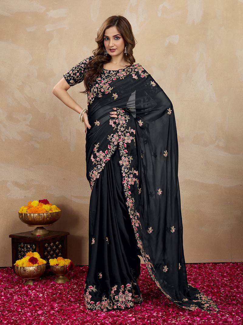 Black Art Silk Heavy Embroidred Saree